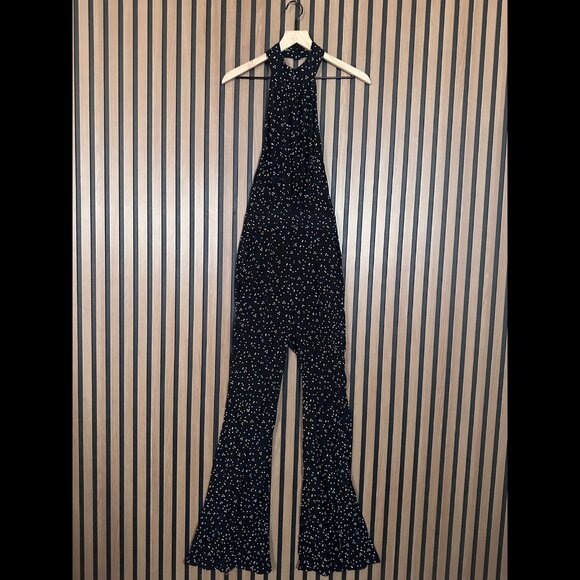 New Flynn Skye Jumpsuit Small Black Polka Dot Halter Neck Flare Lightweight - Picture 1 of 9